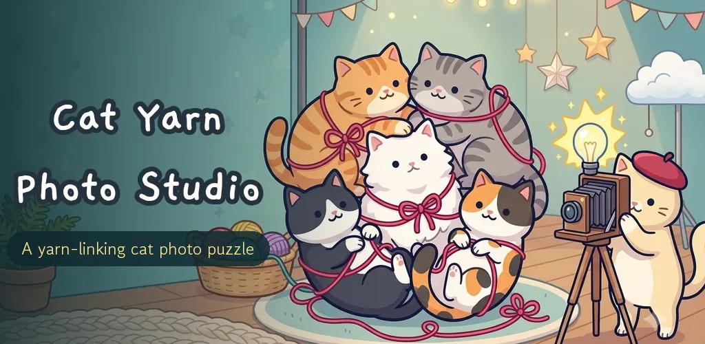 Five cats tangled in red yarn and Photographer Nyang with a camera