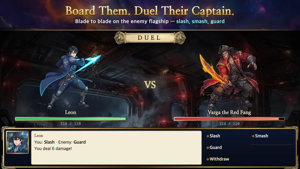 One-on-one duel between the captain and a pirate lord on an enemy flagship