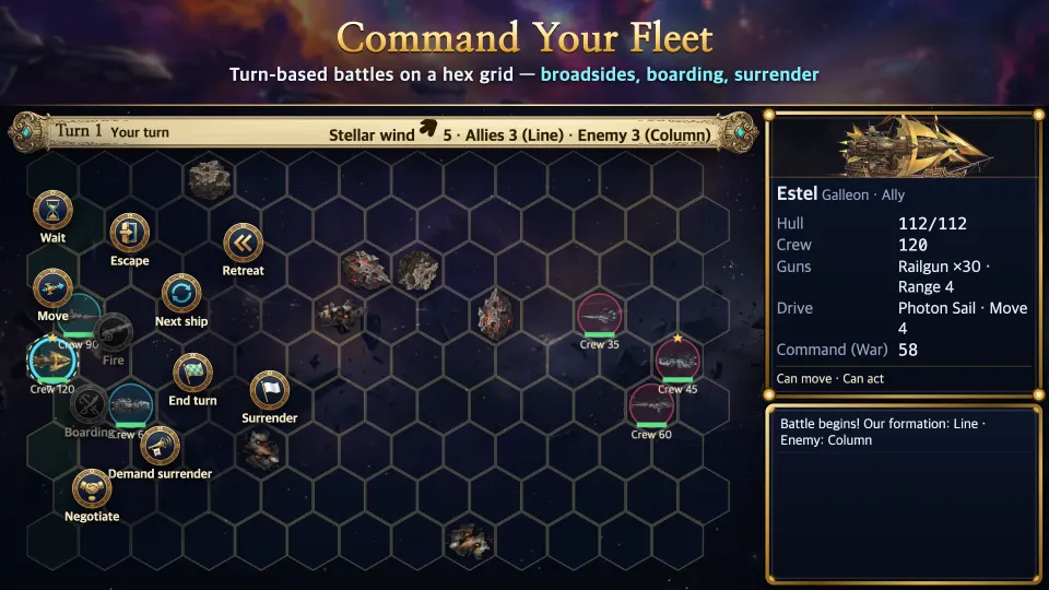 Turn-based fleet battle on a hex grid with ship action menu