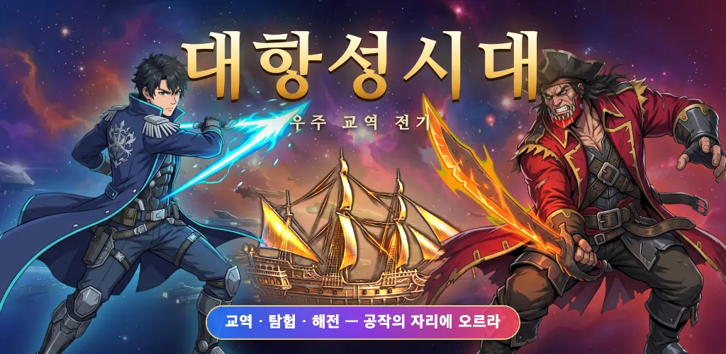 선장 레온과 해적 바르가가 황금 범선을 사이에 두고 맞서는 대항성시대 대표 그림