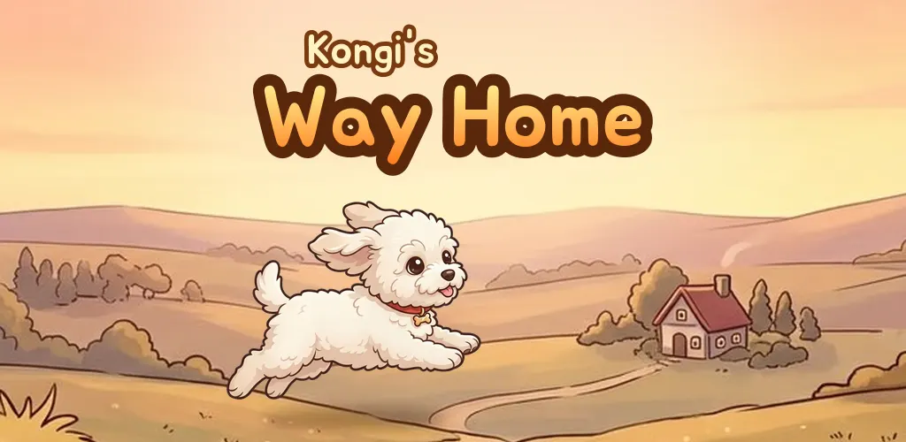 Kongi the puppy leaping over sunset hills with the little home far away