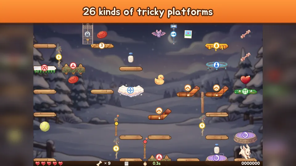 A snowy hill stage with clouds, launchers, honey and more gadgets