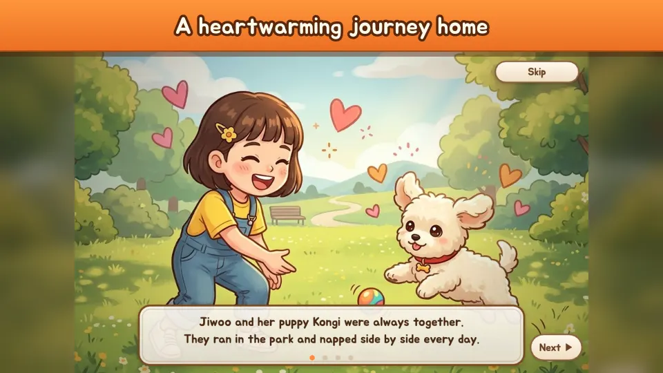 Story scene of Jiwoo and her puppy Kongi playing in the park