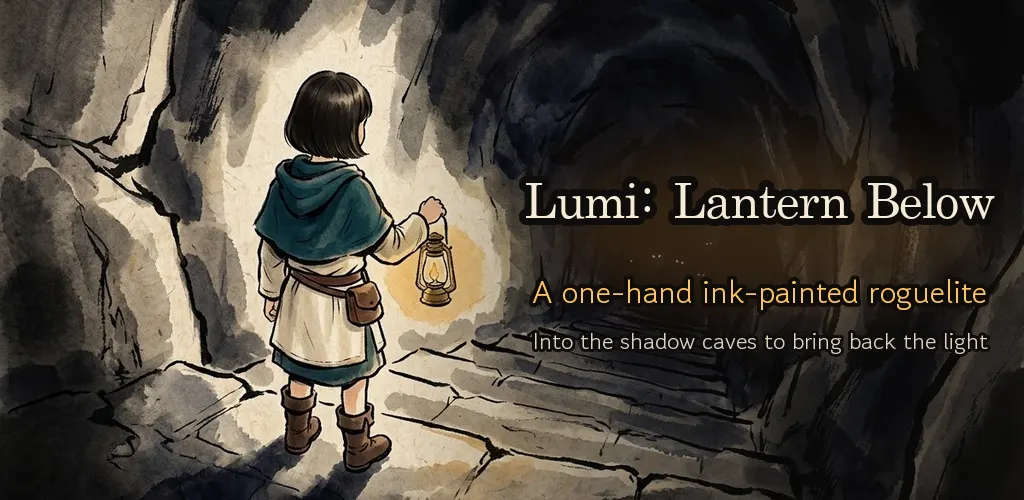 Ink-on-paper art of Lumi walking down into the shadow caves with a lantern