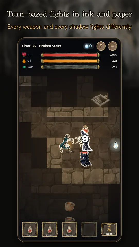 Tile-by-tile combat in an ink-painted cave