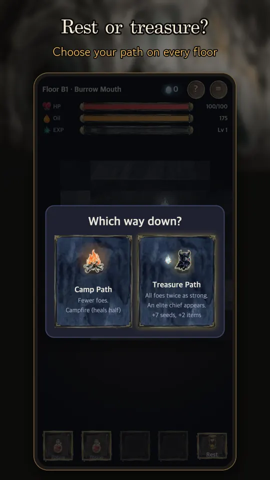 A fork: the safe camp path or the treasure path