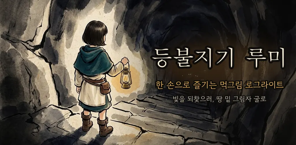 등불을 들고 그림자 굴 계단을 내려가는 루미를 그린 한지 먹그림