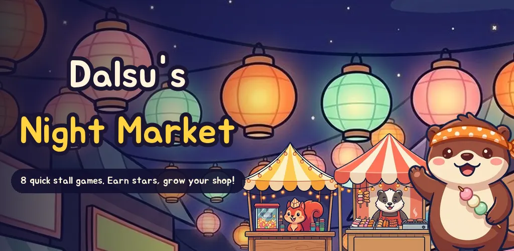Dalsu the otter holding a skewer in front of lantern-lit night-market stalls