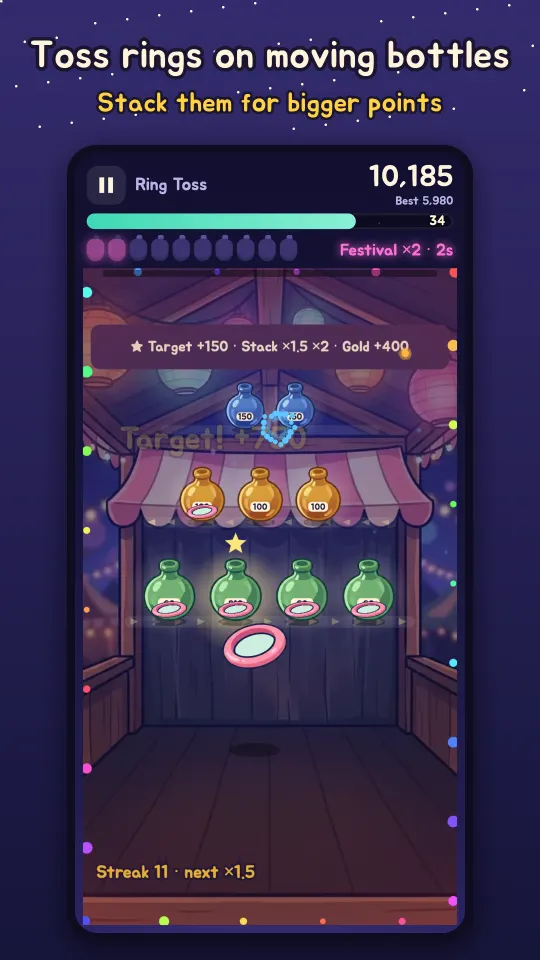 Ring Toss: stack rings on moving bottles