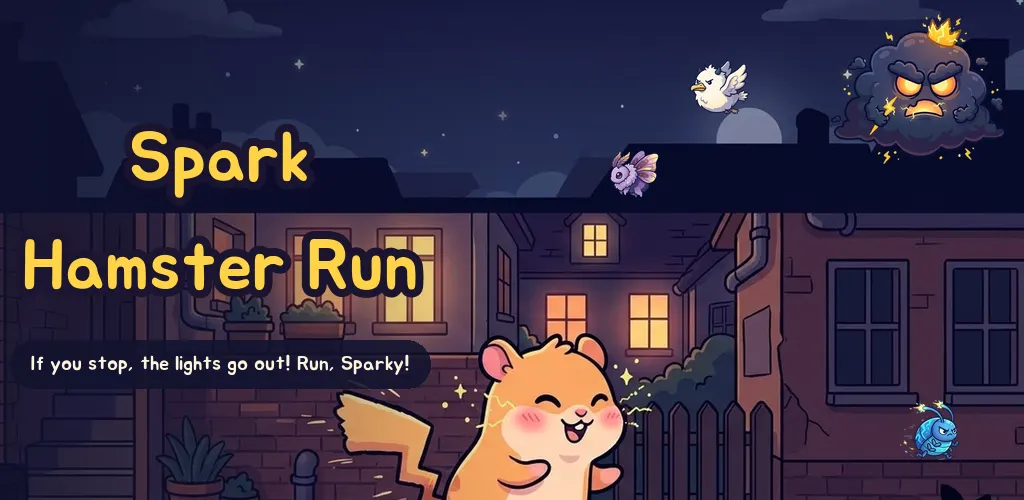 Sparky the hamster dashing through a night alley with the Storm Cloud King above