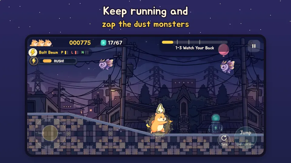 Sparky running through a night alley firing bolts