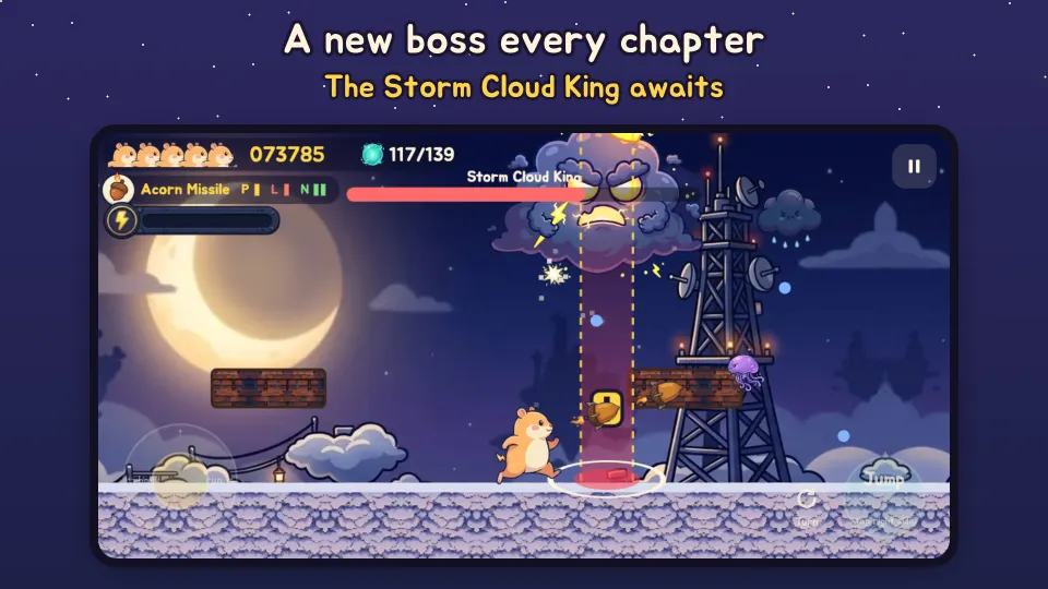 Boss fight with the Storm Cloud King at a radio tower above the clouds