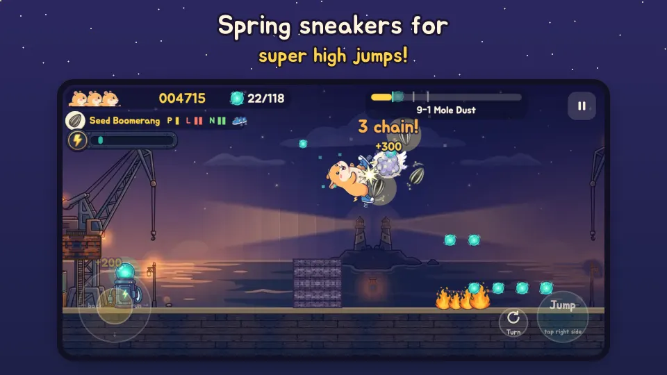 Jumping high with spring sneakers on the harbor stage