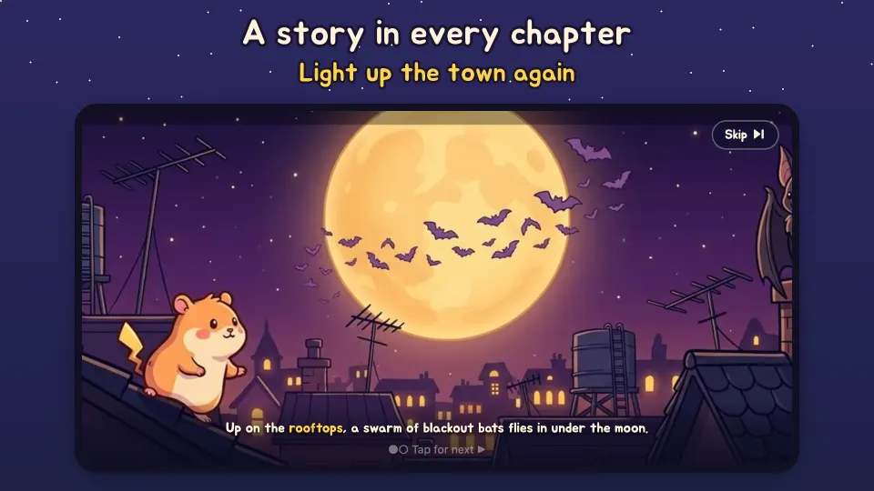 Story scene of Sparky on a rooftop under a full moon