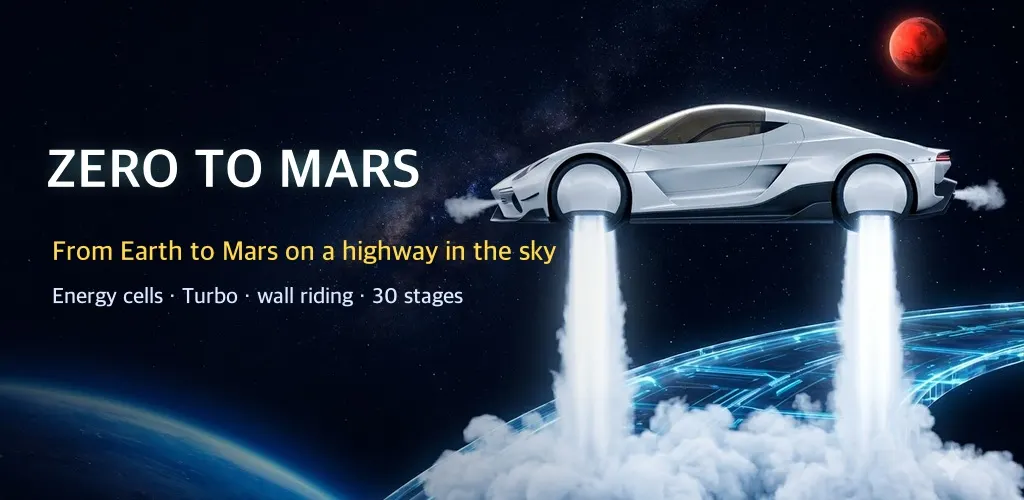 A white electric hypercar flying on thruster smoke above a sky highway, with Mars in the distance