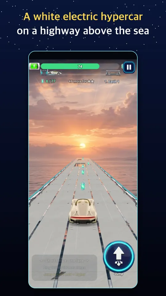 A white electric hypercar racing on a highway over the sea