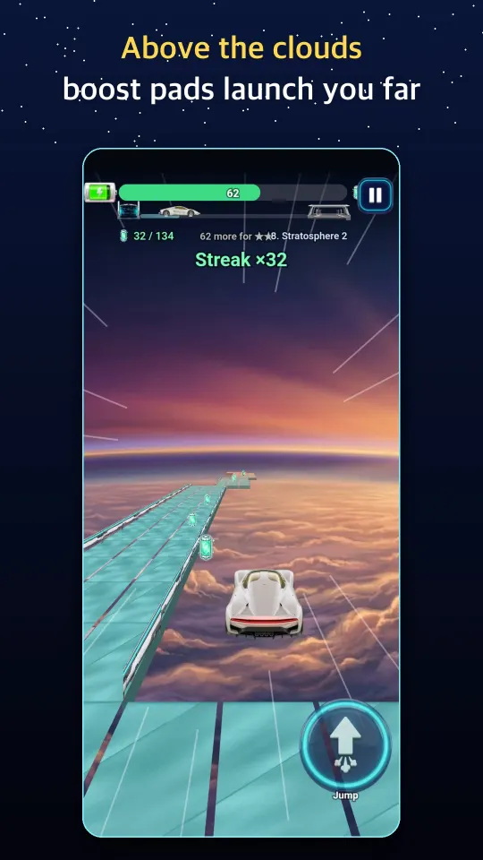 Hitting a boost pad for a long jump on a sky road above the clouds